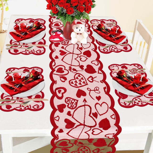 Camino de mesa y manteles individuales para el Día de San Valentín, juego de camino de mesa y manteles individuales con patrón de corazón, suministros para cena y fiesta de encaje