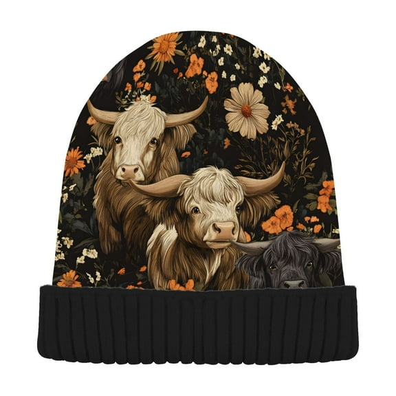 joogoo Highland Cows Flower Beanie Hats Cuffed Winter Warm Knit Thick Beanies