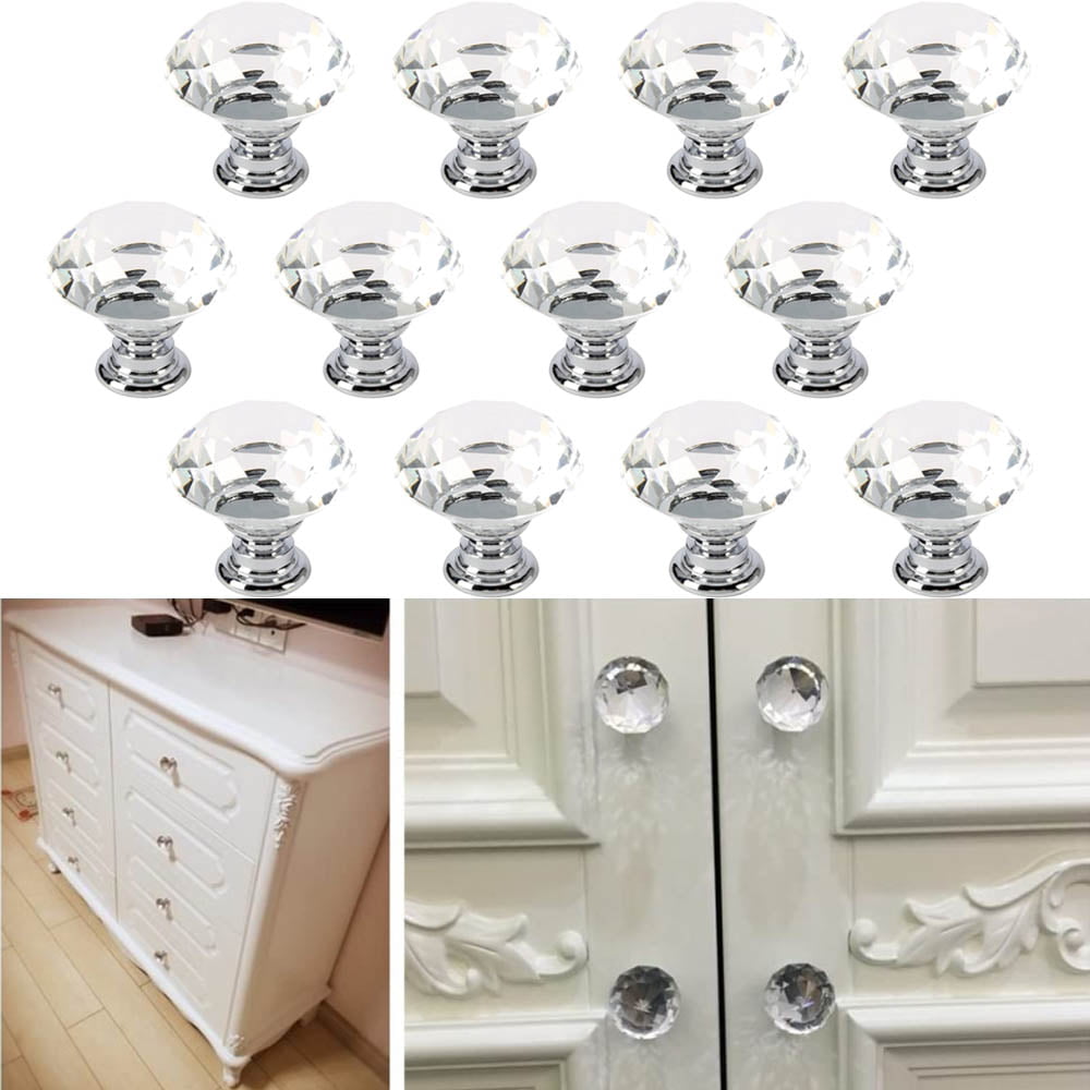 12Pcs Crystal Glass Diamond Cabinet Knob Drawer Cupboard Door Handle Pull Set 