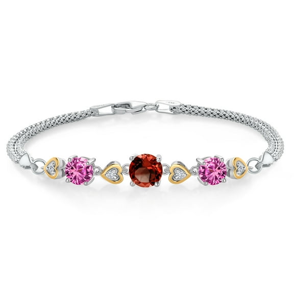 Gem Stone King 925 Sterling Silver and 10k Yellow Gold Red Garnet Pink Created Sapphire and White Lab Grown Diamond Bracelet for Women (3.58 Cttw, Round 7MM and 6MM, 6.5/7/7.5 inch, Made in Italy)