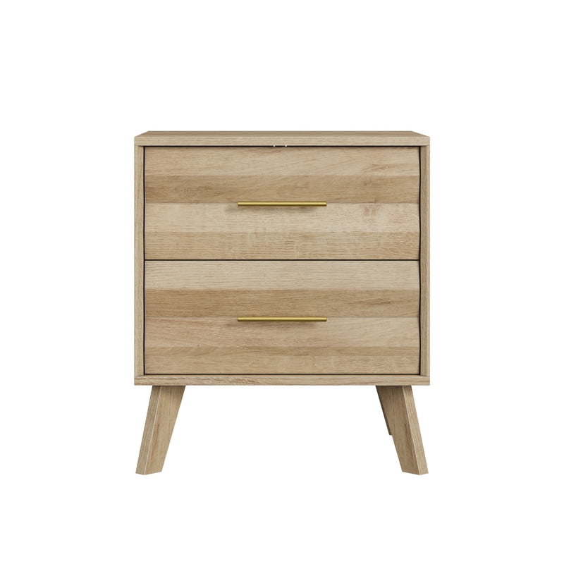 1-Pcs Accent Wooden Nightstand with Gold Metal Handles, Bedside Storage Table Small Cabinet with 2 Drawers