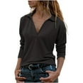 thumbnail image 2 of Women's Trendy Collar Tunic Tops Solid Casual Long Sleeve V Neck Shirts Slim Fit Petite Lightweight Pullover Tees Black L, 2 of 5