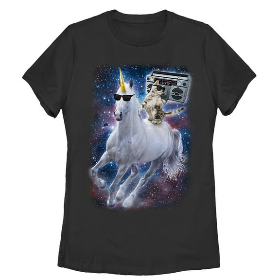 Women's Lost Gods Boombox Cat and Unicorn Space Song  Graphic Tee Black Medium