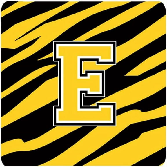 Monogram - Tiger Stripe - Black Gold Foam Coasters, Initial Letter E - Set 4, 3.5 x 3.5 In.