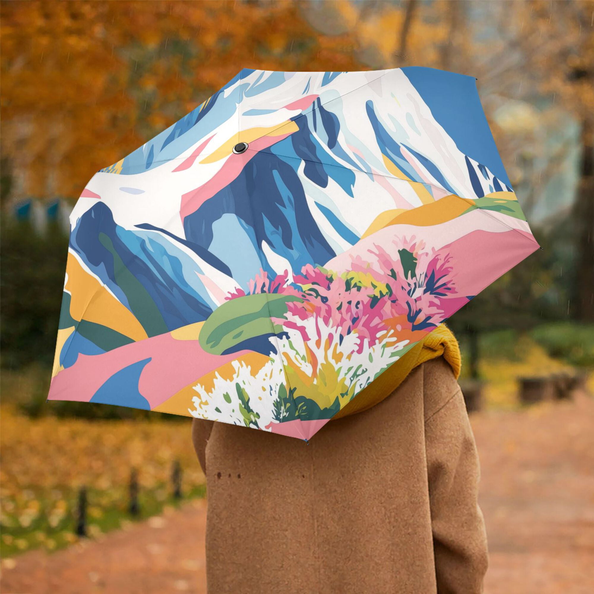 FORMRS Travel Umbrella Folding Auto Open Close Windproof Rain UV Protection, Abstract Snow Mountain