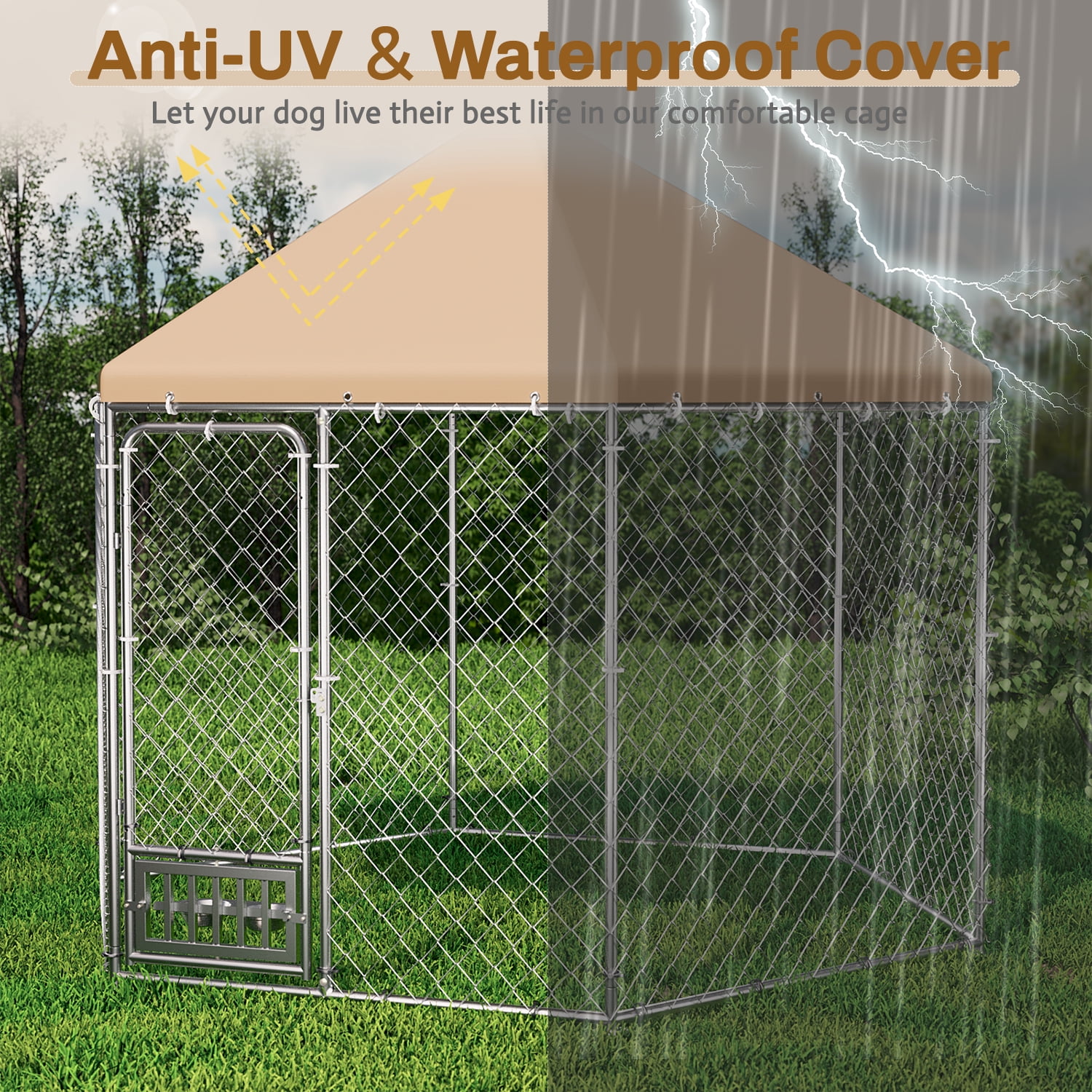 TPHORK Outdoor Dog Kennel with Roof, Large Dog Kennel with Dog Bowls, Outside Dog House Pen Enclosure with Secure Lock (9.2 x 8 x 7.7 FT)