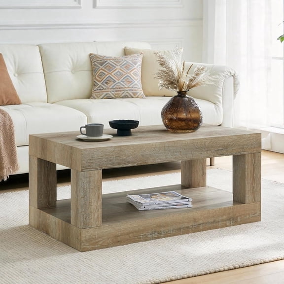 LKTART 39.37" 2-Tier Rustic Mid Century Coffee Table with Storage, Thick Top Rectangular Cocktail Center Table, Non-Toxic Sturdy Accent Table for Living Room Office Apartment, Antique Natural