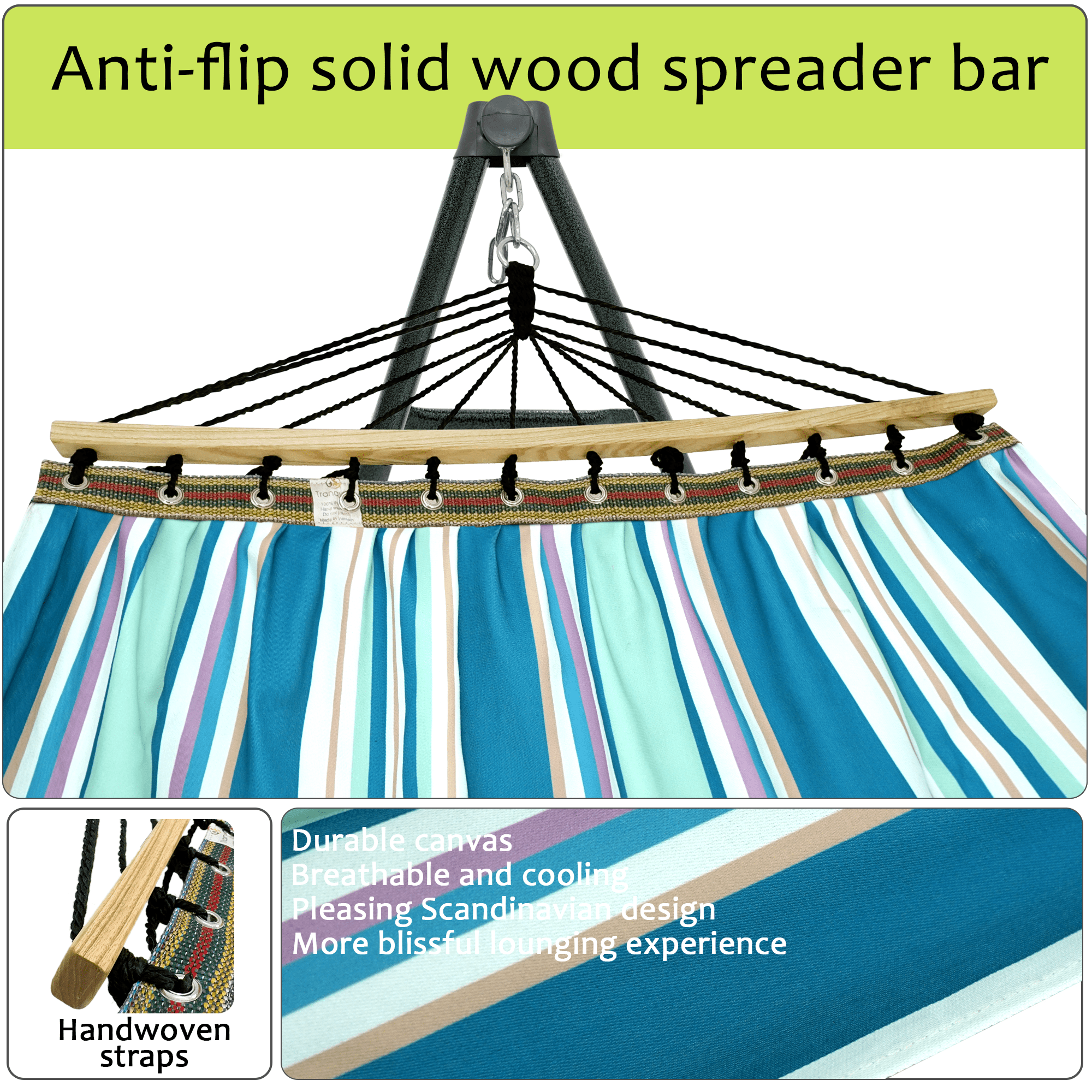 Tranquillo Universal Hammock with Stands Electro Static Coated Steel, Adjustable Foldable Hammock Stand with 2 Layered Polyester Net and Carry Bag for 2 Persons. Canvas - Blue Leaf