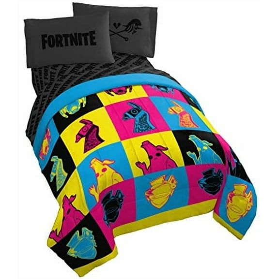 Fortnite Neon Warhol 5 Piece Kids Full Bed Set, 100% Microfiber, Multi-Color, Gaming Bedding