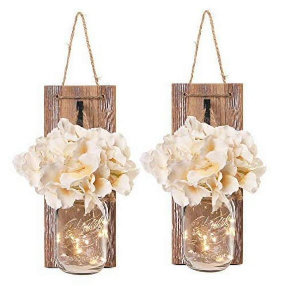 Besuerte Mason Jar Wall Sconces with LED Fairy Lights Automatic On and Off Timer Modern Wall Hanging Home Decor Farmhouse Decor Decorative Vintage Lighting
