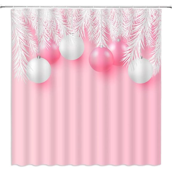 Pink Christmas Ball Shower Curtain White Pine Leaf Merry Christmas Winter Holiday Fashion Girl Xmas Happy New Year Home Decor Bathroom Fabric Set with Hooks(70" Wx84 H)
