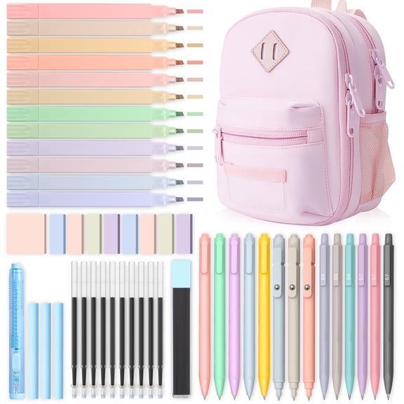 Cysiyu 51-Piece Aesthetic School Supplies Set with Cute Pencil Case, Pastel Highlighters, Retractable Black Ink Pens & Mechanical Pencils for Students