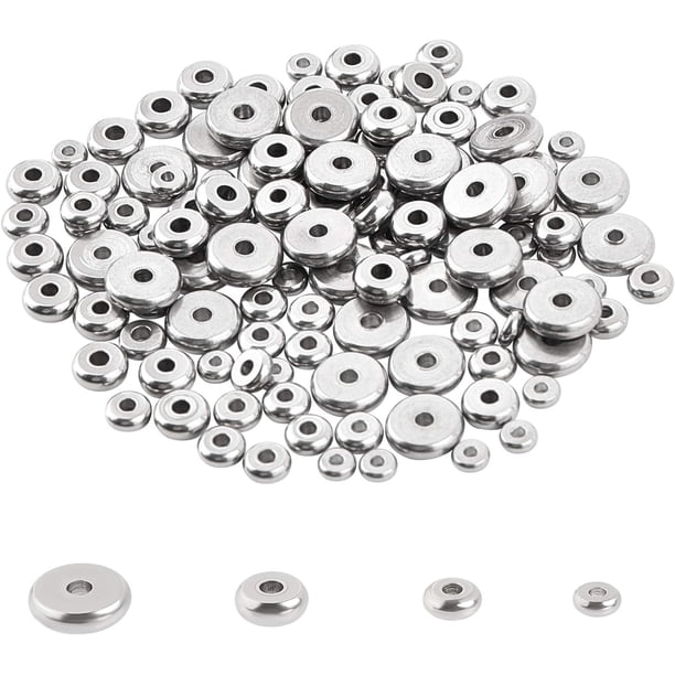 120 piezas de 4 tamaños (4/5/6/8 mm), cuentas redondas planas de acero inoxidable, cuentas sueltas, accesorios para cuentas redondas planas, espaciador de metal.