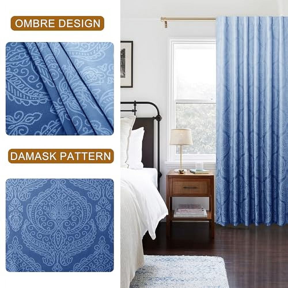Hiasan Back Tab Ombre Blackout Curtains for Bedroom - 63 inches Long Damask Design Thermal Insulted Tieable Window Drapes Light Blackout Curtains for Dining Room, 2 Panels, W52 x L 63, Navy Blue