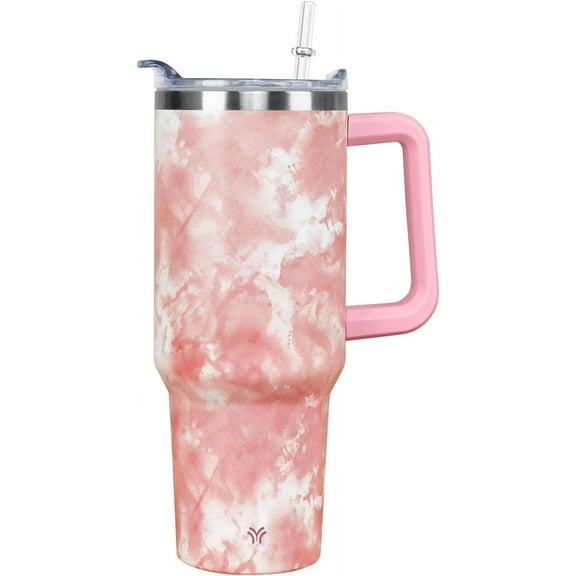 40 oz Tumbler with Handle and Straw Lid | Vacuum Insulated Leak Proof Tumbler | Stainless Steel Water Bottle Cup Gifts for Moms Dads Women Men Him Her | Pink Tiedye