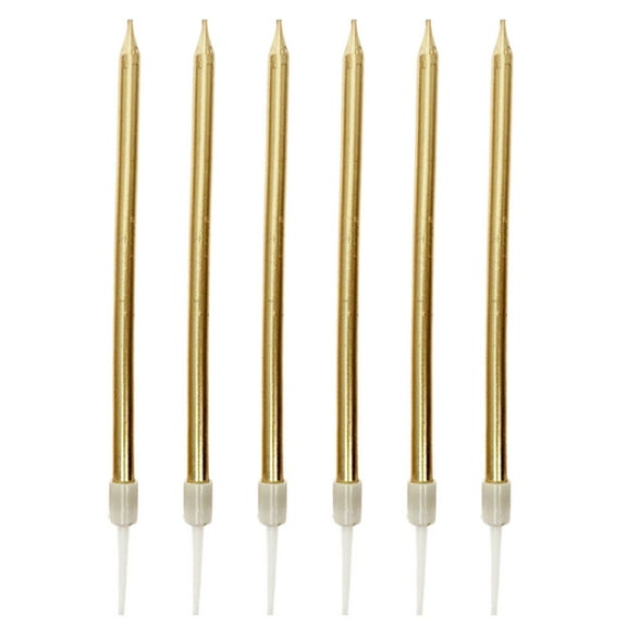 Tyeign Long Thin Metallic Birthday Candles, 6 Elegant Taper Cake Candles in Gold Silver Champagne for Wedding Anniversary Party Decor, Smoke-Free Burn, 1 Box of Birthday Party Candles