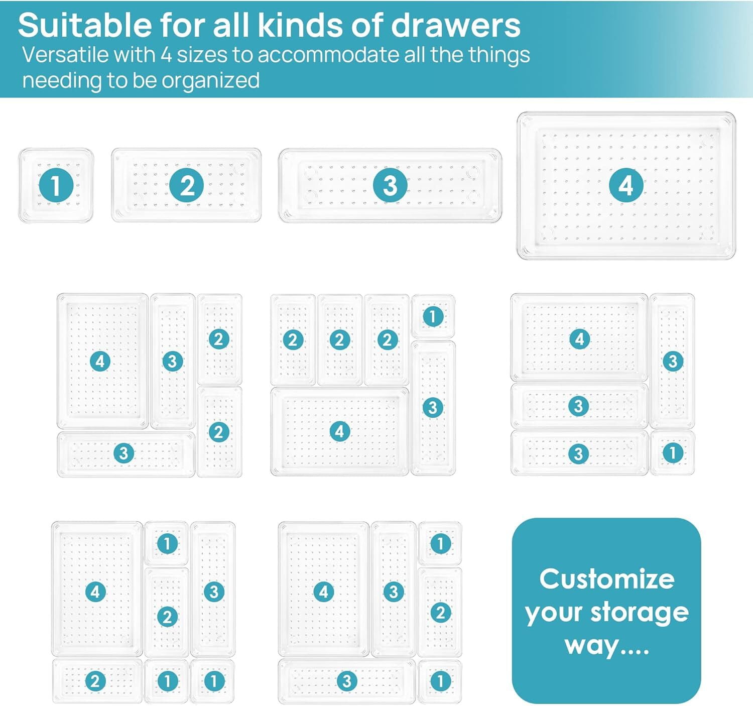 GoXteam Drawer Organizers Set of 25, 4 Sizes Clear Plastic Drawer Organizers and Storage Bins for Kitchen, Bathroom, Office, Dresser Desk Drawer Organizer Tray for Jewelry, Makeup, Junk, Gadgets