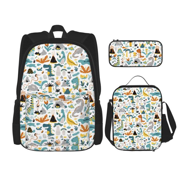 Saiise Cartoon Dinosaur Print School Study Combo Set Backpack with Lunch Bag Pencil Case Oxford Lightweight Durable Travel Organization Kit