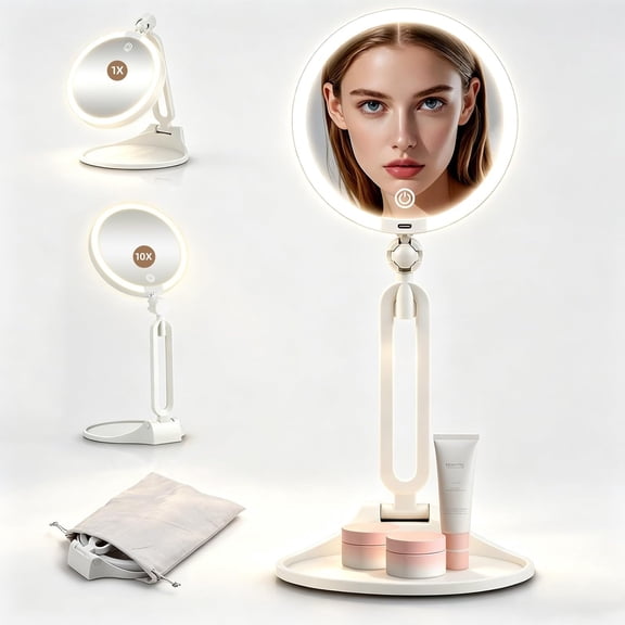 XIBUFE 10X/1X Makeup Magnifying Mirror with Lights,Desktop 1X/10X Travel Magnifying Mirror,6Inch Double-Sided Led 3 Color Dimmable Lights,Rechargeable Battery,360° Rotation Folding Bracket