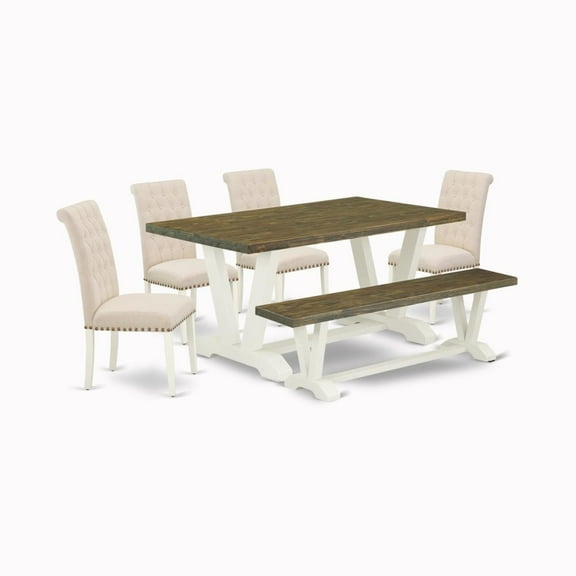 East West Furniture V-Style 6-piece Wood Dining Set in Linen White/Light Beige