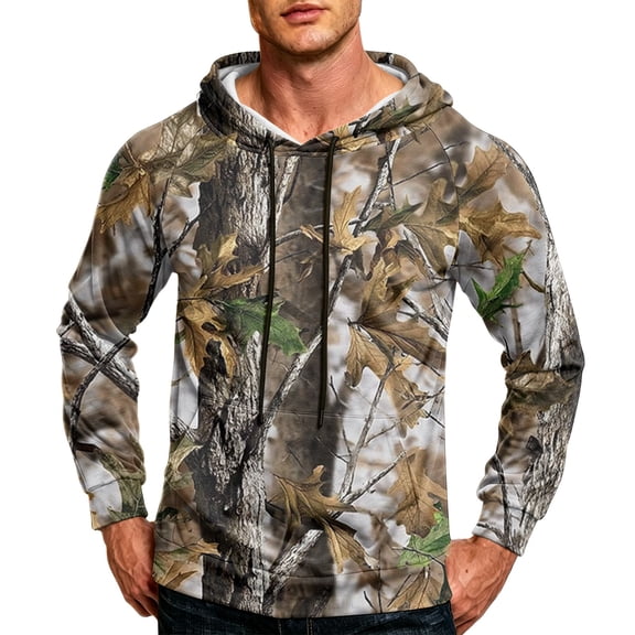 Havenx Camo Hoodies Sweatshirt for Men Long Sleeve Camouflage Print Hoodie with Pockets Drawstring Hooded Sweatshirts Workout Outdoor Fishing Hunting Camping Fall Winter Pullover,Brown XL