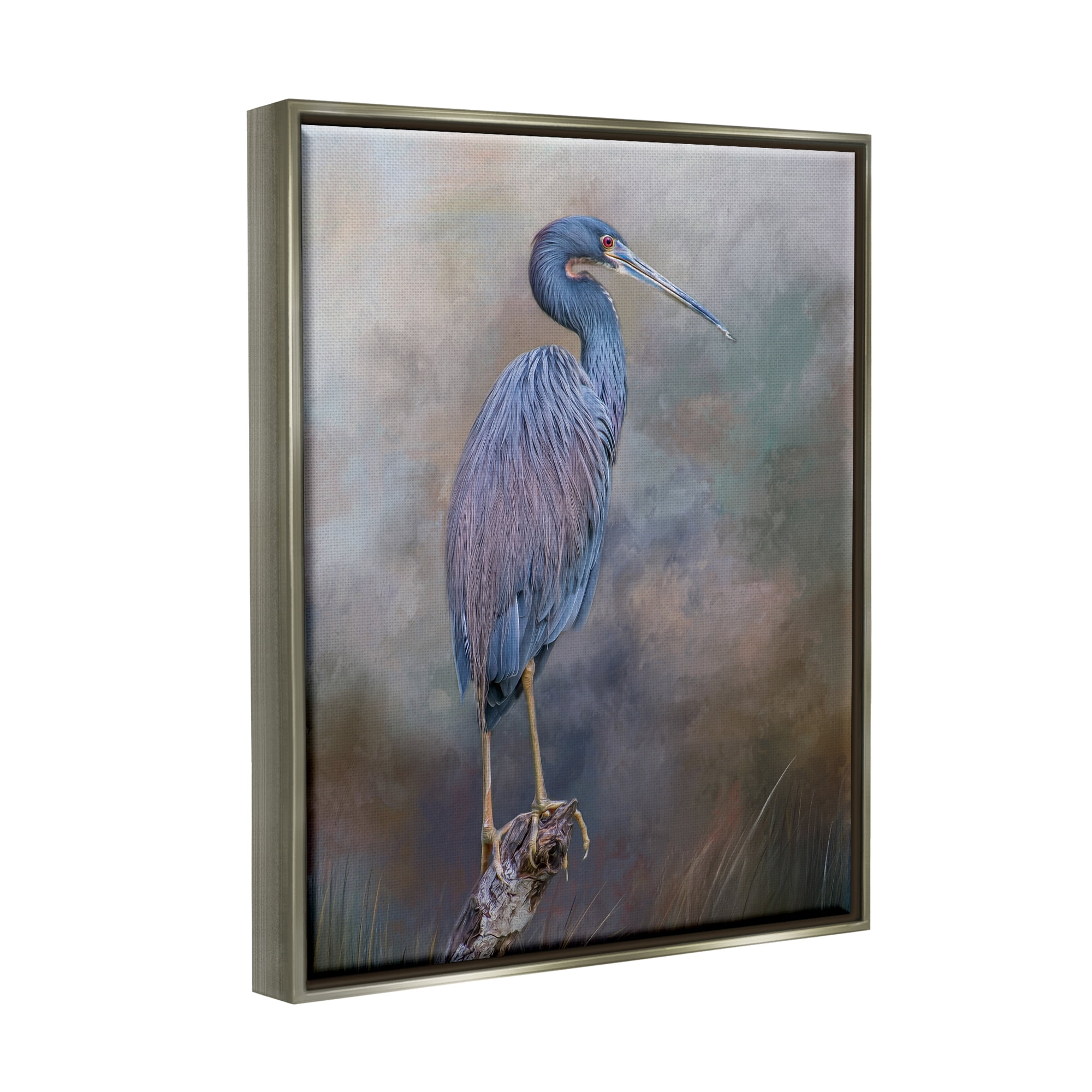 Stupell Heron Bird Perched Woodland Branch Animals & Insects Photography Gray Floater Framed Art Print Wall Art