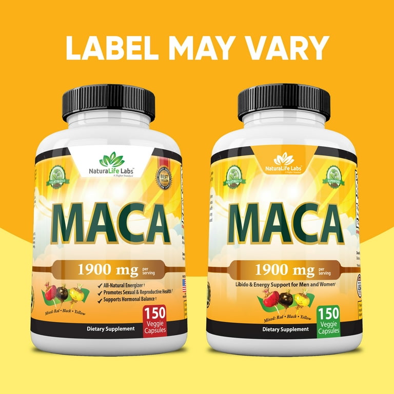 Organic Maca Root Black, Red, Yellow 1900 mg per serving - 150 Vegan Capsules Peruvian Maca Root Gelatinized