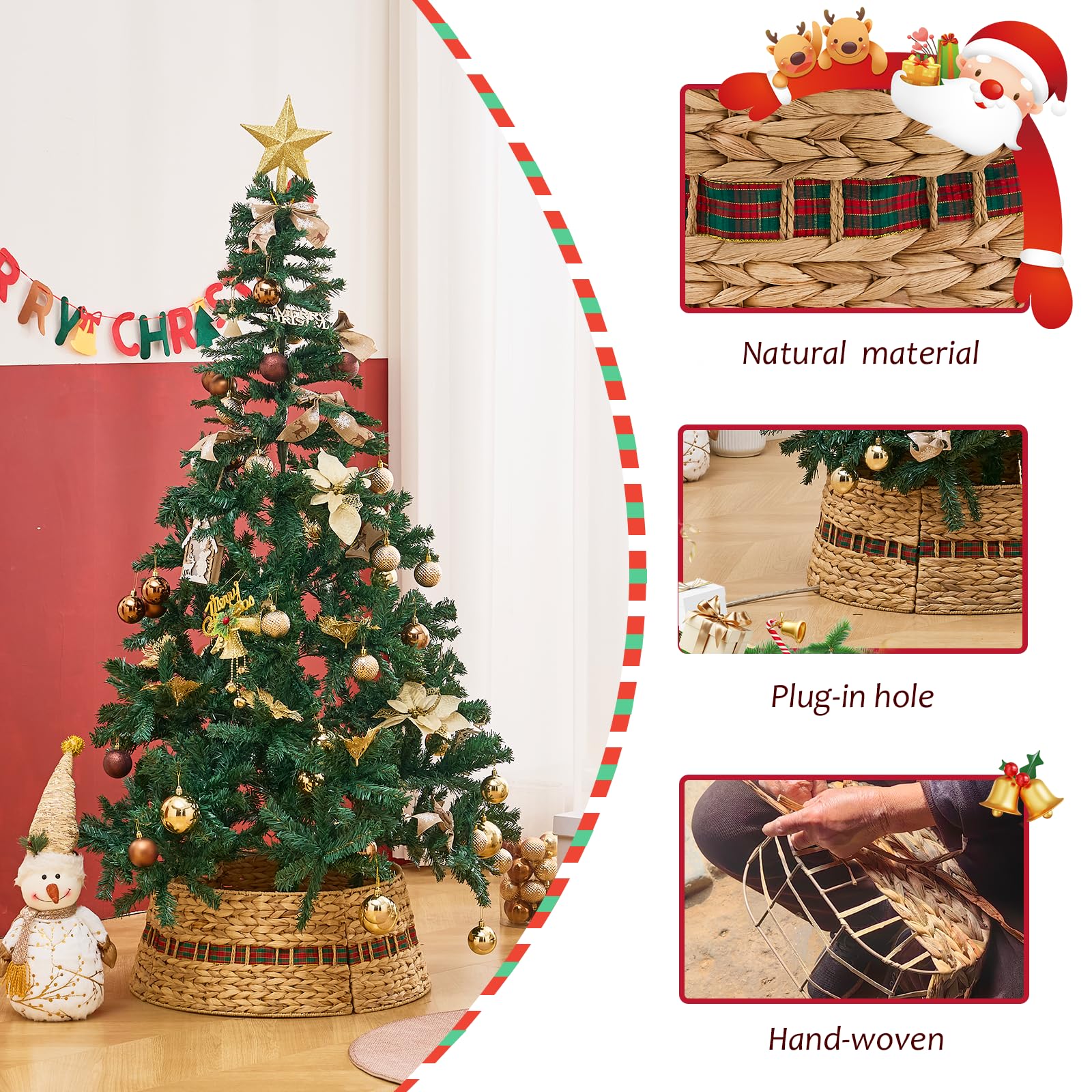 Hand-Woven Natural Water Hyacinth Christmas Tree Collar - Cord Cutout Design, Rustic Eco-Friendly Holiday Decoration for Home