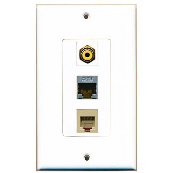 RiteAV - 1 Port RCA Yellow and 1 Port Phone RJ11 RJ12 Beige and 1 Port Shielded Cat6 Ethernet Decorative Wall Plate Decorative