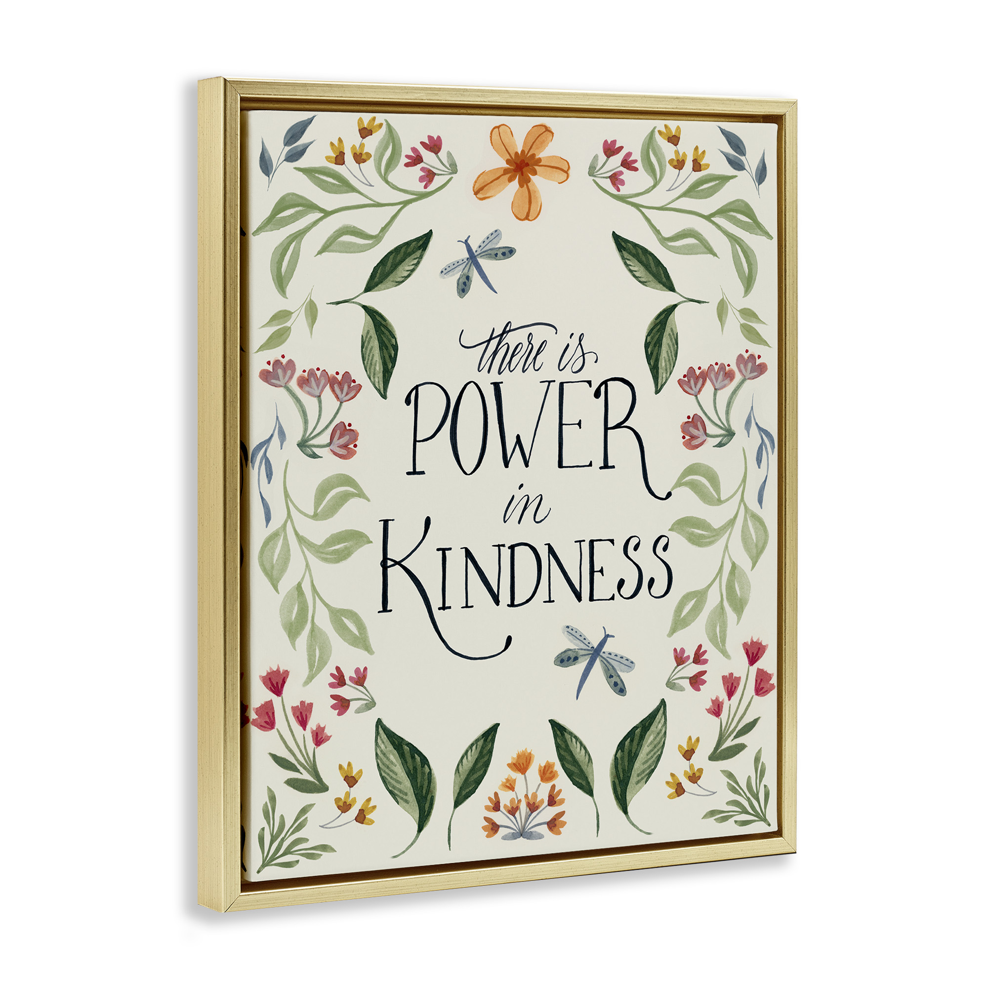 Stupell Industries Floral Power in Kindness Botanical & Floral Painting Gold Floater Framed Canvas Art Print Wall Art, 25 x 31