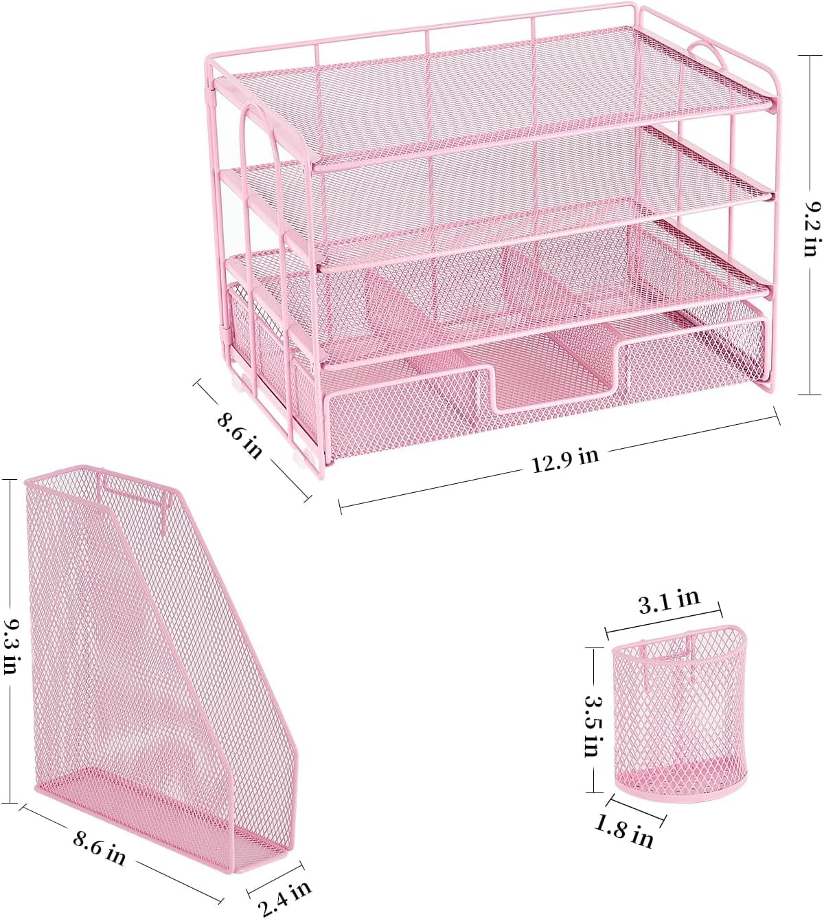 Desk Organizers and Accessories with File Holder, 4-Tier Desk Accessories & Workspace Organizers with Drawer and 2 Pen Holder, Paper Organizer for Office Supplies (Pink)