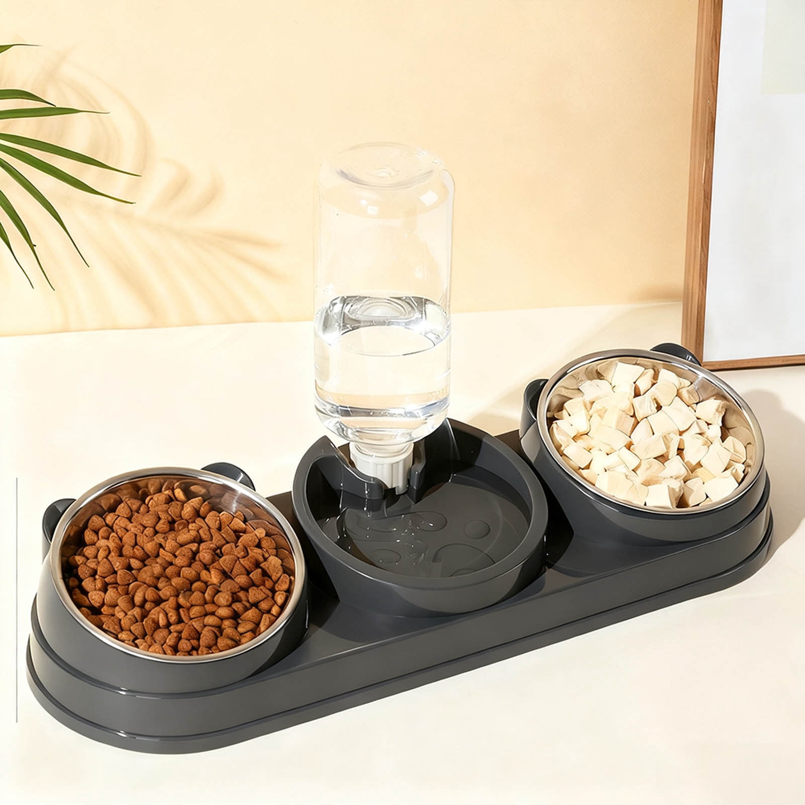 15Â° Raised Triple Cat Bowls Set Stainless Steel Pet Feeder with 16.9oz/500ml Automatic Water Dispenser Non- Food Water Bowl for Small Dog Rabbit Indoor Pet Grey