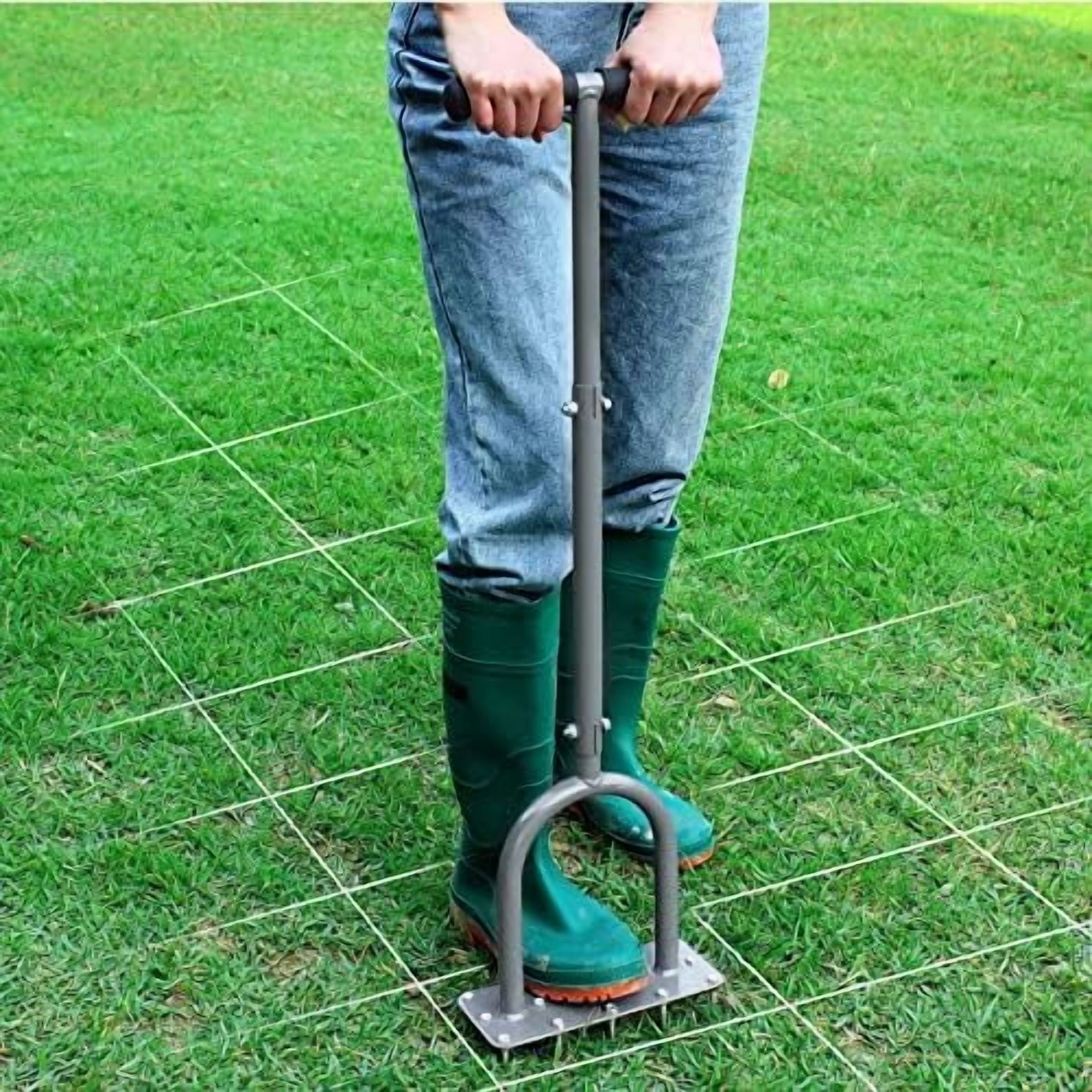Manual Lawn Aerator with 15 Iron Spikes, Pre-Assembled Dethatching and Soil Aeration Tool for Yard and Garden, Revives Lawn Health, Patented Grass Plug Aerator