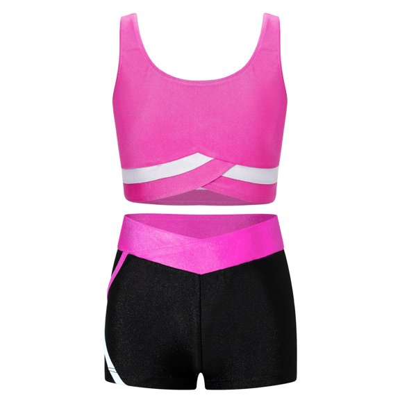 Kaerm Kids Girls 2 Piece Active Dancewear Outfit Crop Top and Shorts Set for Gymnastics Dancing Hot Pink 8