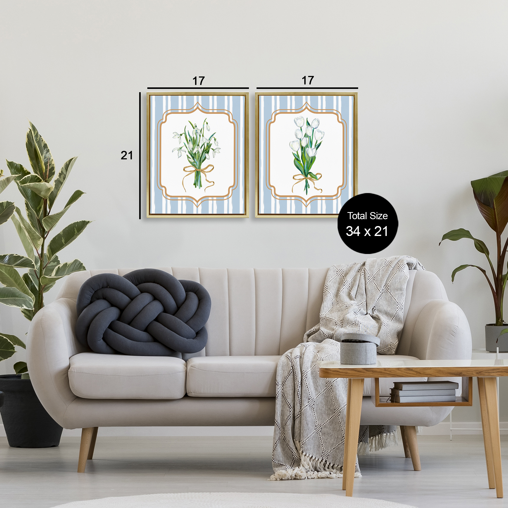 White Flowers Classic Stripes 2 Piece Gold Framed Floater Canvas Set, design by Adonna Ebrahimi
