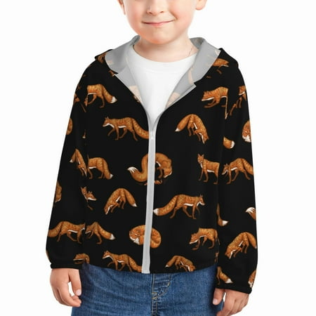 

Sun Hoodie for Kids Fox Pattern Black Long Sleeve Swim Fishing Shirts Sun Protection Zip Up Jacket Clothing Athletic Hoodie