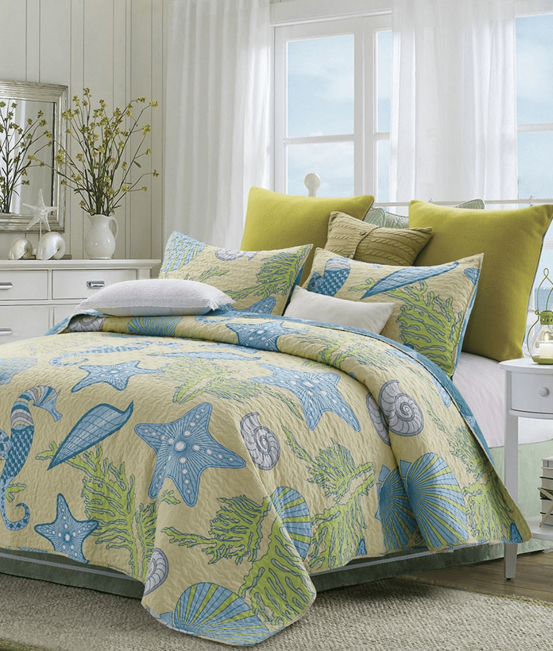 Blue & Yellow Seashells, Seahorses & Starfish Nautical & Coastal Beach