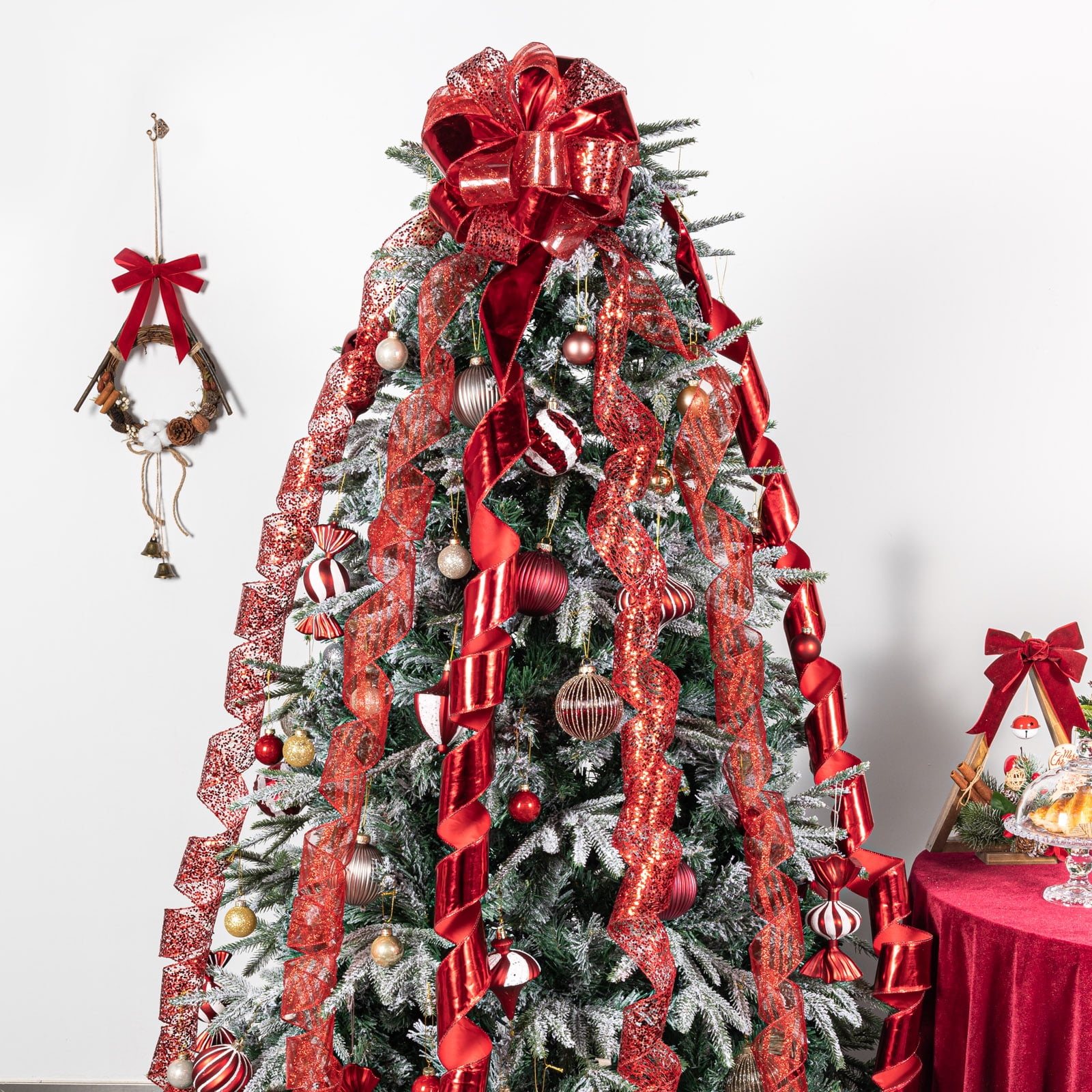 LoomJoyz 11 Inch Red Glitter Christmas Tree Topper Bow - 3 Yards Ribbon Streamer Tails Holiday Decor