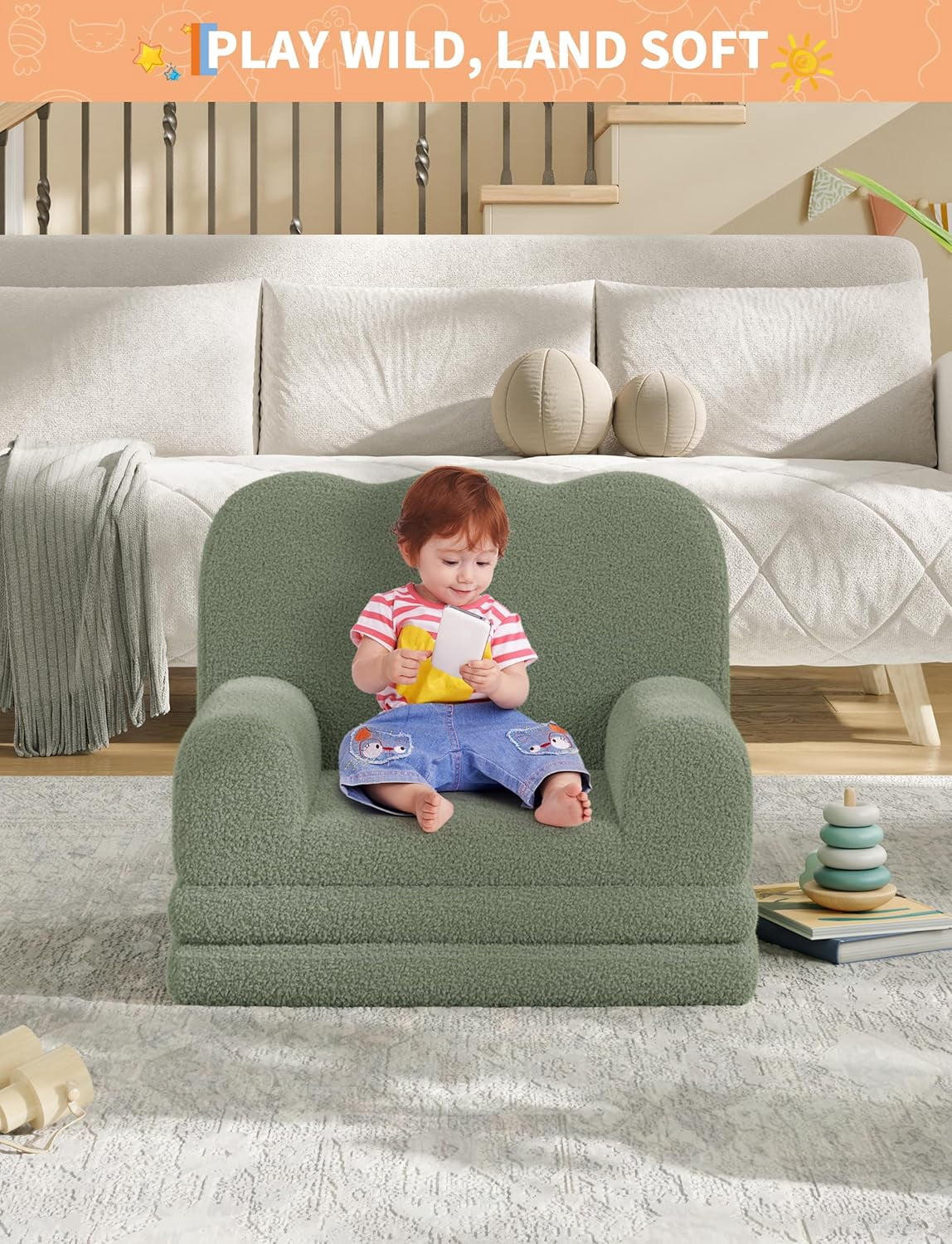 Kids Couch 2-in-1 Convertible Teddy Fleece Fabric Toddler Sofa Chair Soft Fold Out Lounger for Kids  Children's Sofa Bed for Playroom Nursery Birthday Gift Green