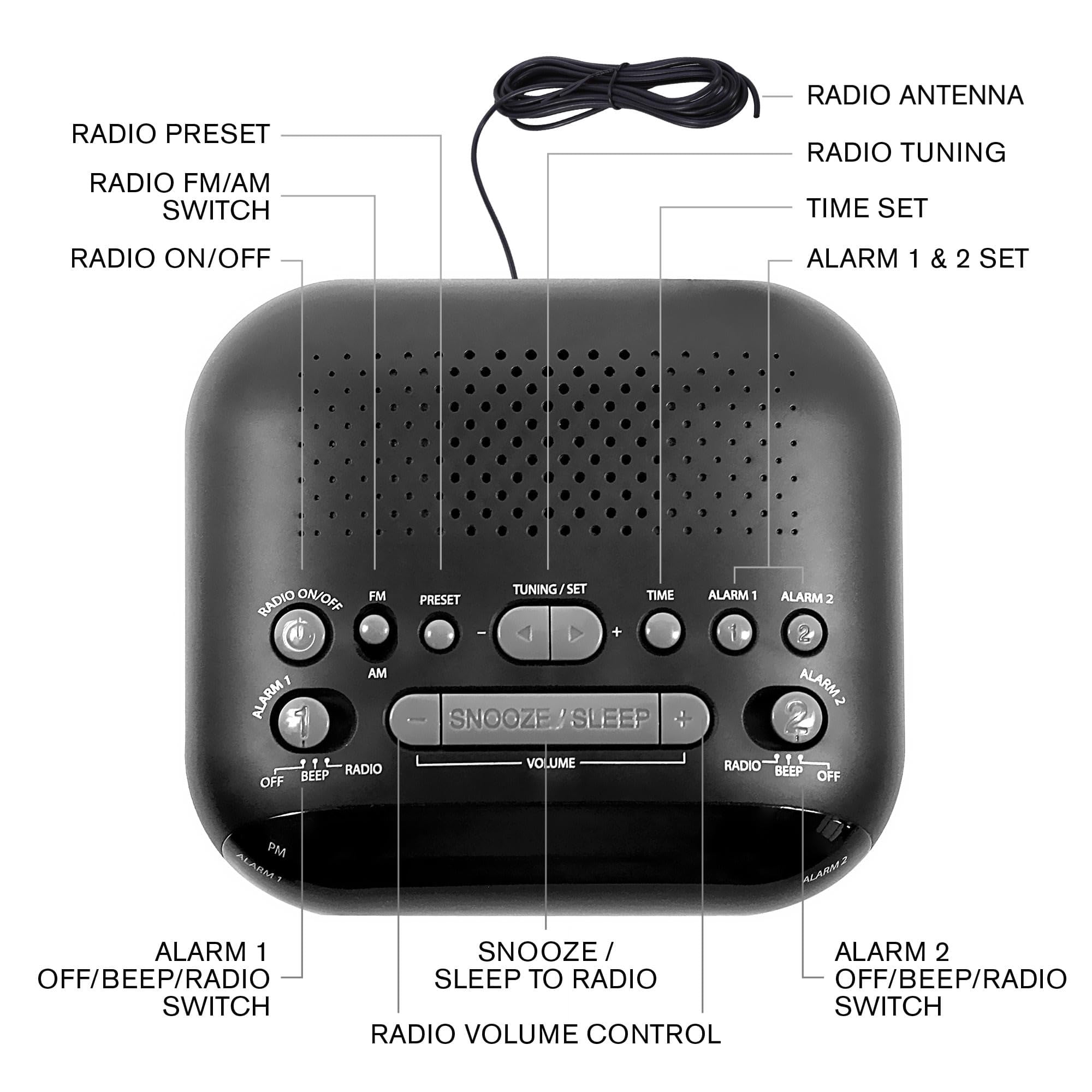 Sharp AM/FM Dual Alarm Clock Radio, 2-7/16"H x 4-5/16"W x 5-1/2"D, Black