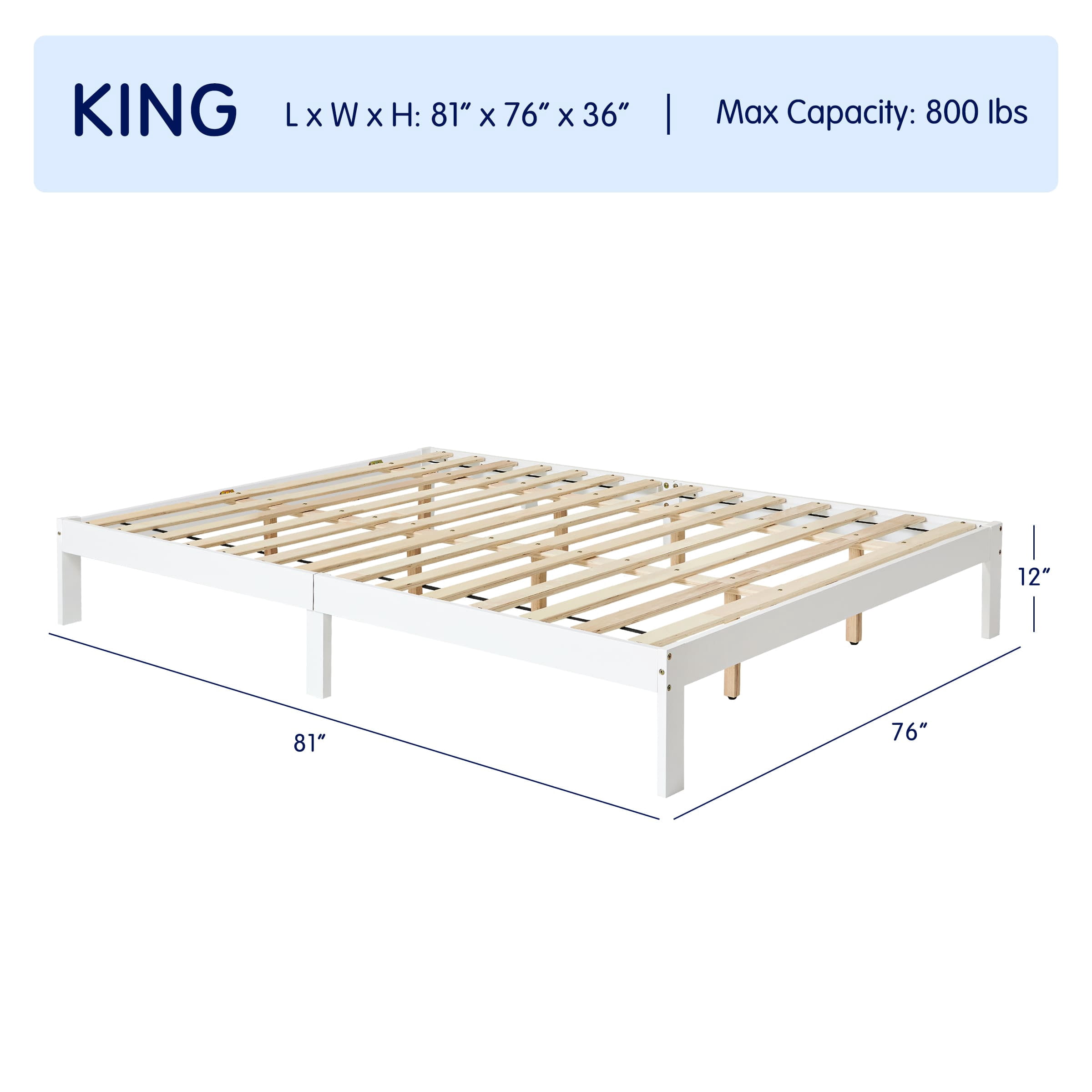 Subrtex 12" Solid Wood Platform Bed Frame with Wooden Slats, White, King