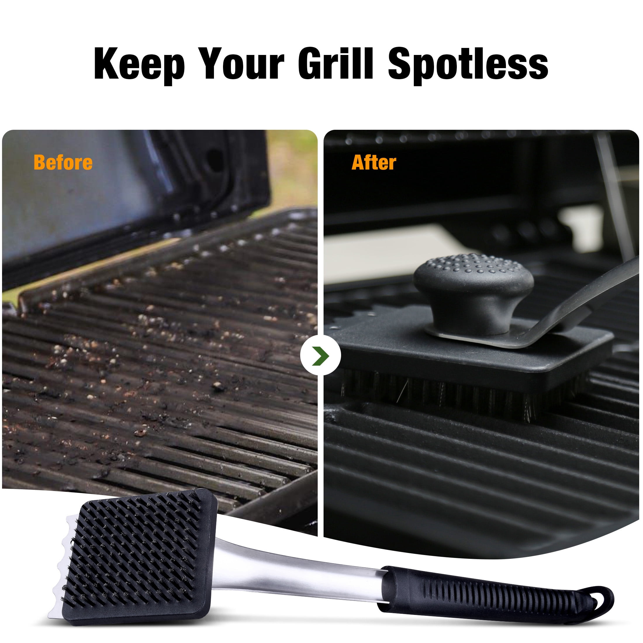 BBQ Grill Brush for Grate Cleaning with 2 Extra Replacement Heads, Stainless Steel Hand - Brand-Man Grills