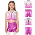 thumbnail image 6 of TiaoBug Kids Girls Western Cowgirls Outfits Cheerleading Crop Top with Metallic Shorts Set for Stage Performance Pink 10, 6 of 7