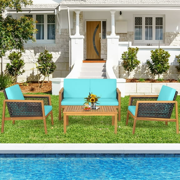 Gymax 4PCS Patio Acacia Wood Furniture Set PE Rattan Conversation Set w/ Turquoise Cushions