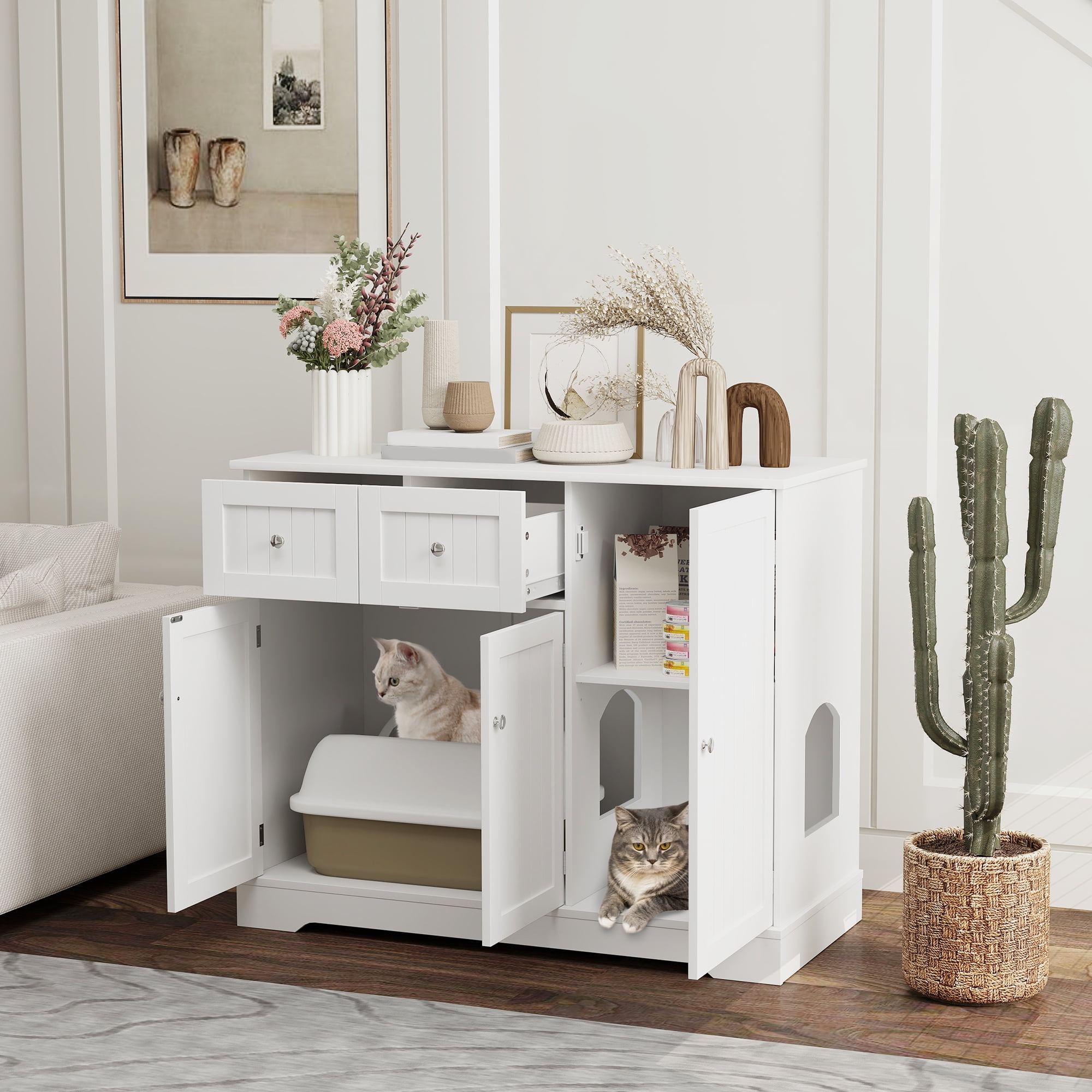 PawHut Cat Litter Box Enclosure, Hidden Litter Box Furniture Cat House with Drawers, Storage, Anti-tip Kit, 39" x 18" x 31.5", White