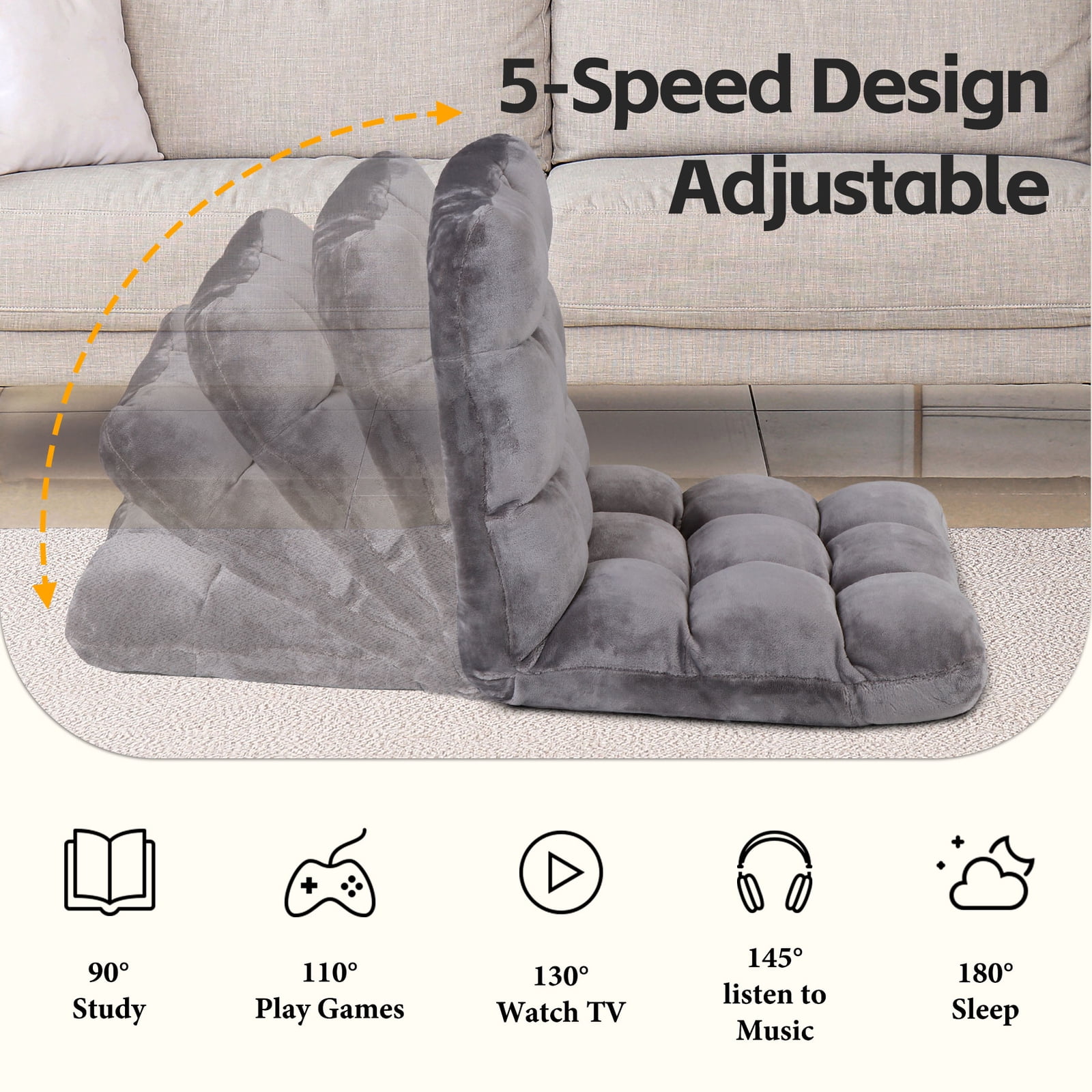 WDZS 14-Position Folding Floor Chair Gaming Sofa Cushioned Padded Reclining Bed Lounge Couch Seating for Comfy Reading, Reading, Gaming, Relaxing, Watching TV,Gray