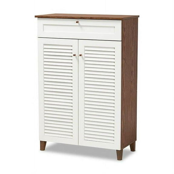 Baxton Studio Coolidge Modern and Contemporary White and Walnut Finished 5-Shelf Wood Shoe Storage Cabinet with Drawer