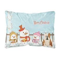 Merry Christmas Carolers English Bulldog Fawn White Canvas Fabric Decorative Pillow