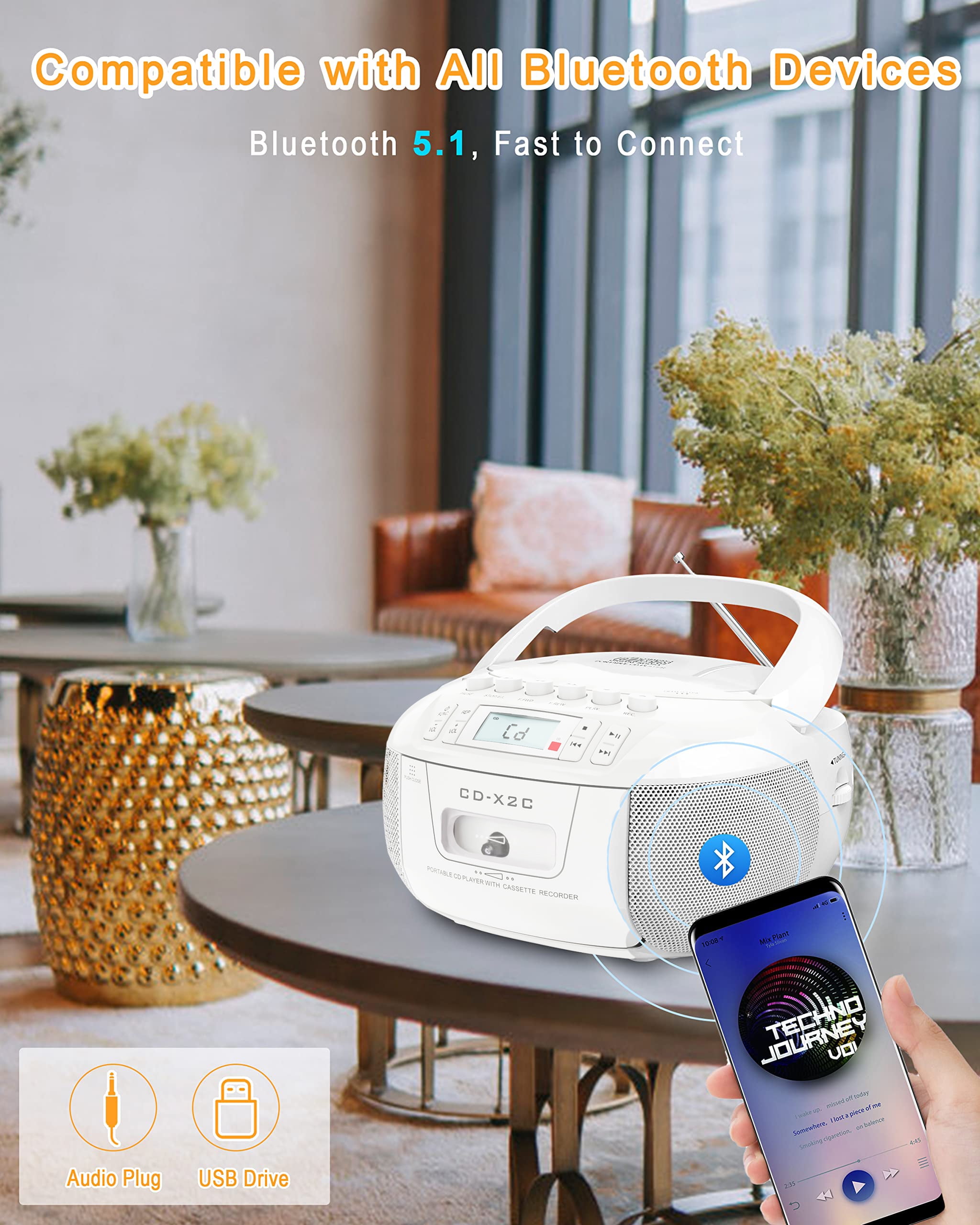 KUEPHOM CD Cassette Player Combo Boombox AM/FM Radio Tape Recording Stereo Sound AC/DC Powered