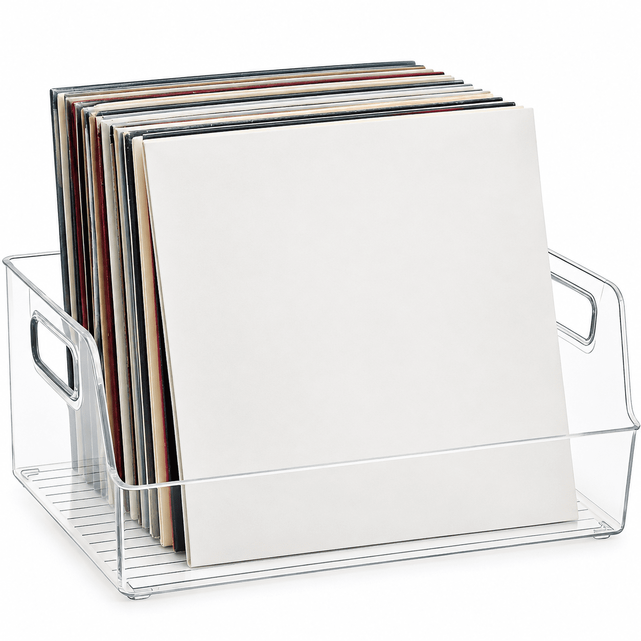 Acrylic Vinyl Record Storage with Handle Clear LP Record Holder No Assembly Countertop Organizer Vinyl Record Crate for Album Display and Storage Holds up to 46 LPs